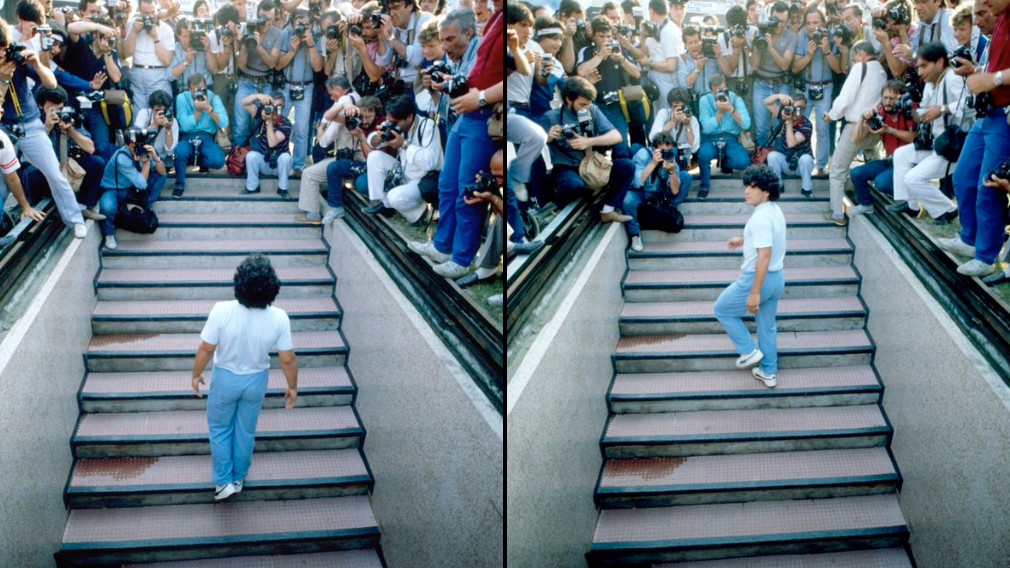 Diego Maradona unveiled at the Stadio San Paolo, 1984, in Naples.