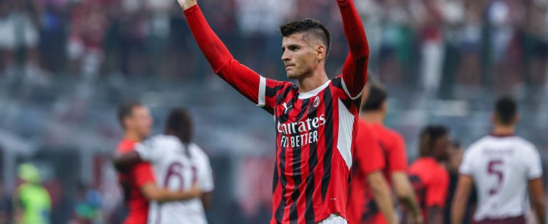 Alvaro Morata of AC Milan greets the fans during the Serie A