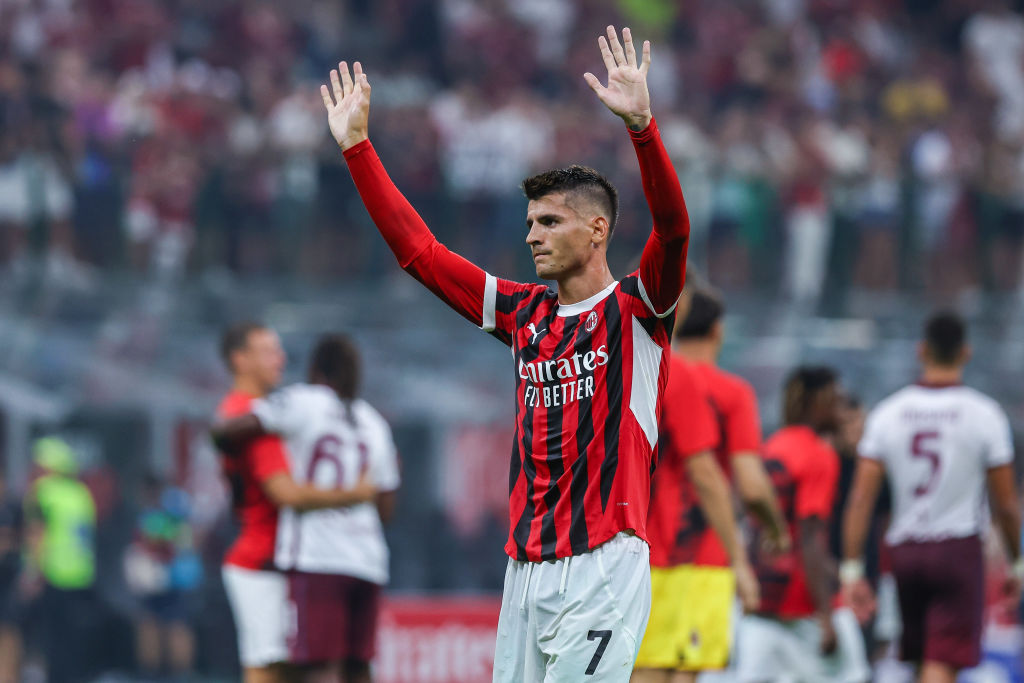 Alvaro Morata of AC Milan greets the fans during the Serie A