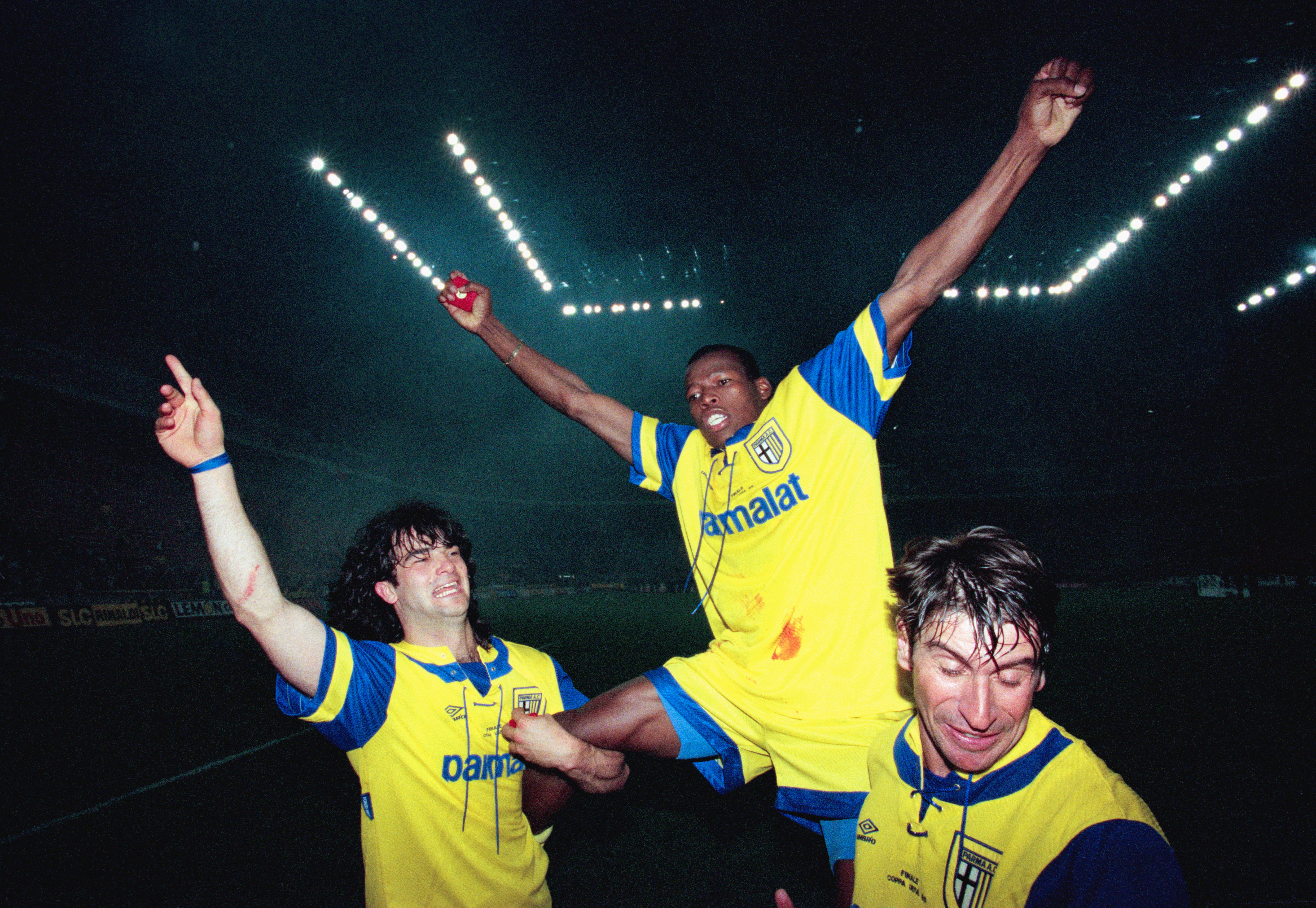 Tino Asprilla celebrating Parma's Uefa Cup win over Juventus in 1995.