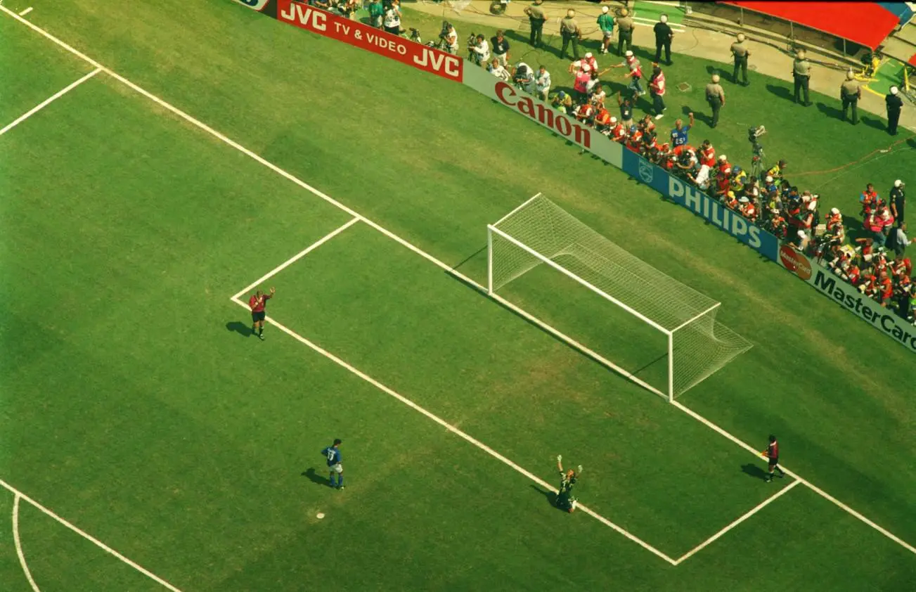 Aerial view of Baggio's missed penalty in Pasedena.