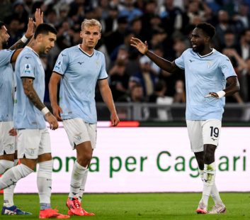 Boulaye Dia of SS Lazio (r) celebrates with team mates after scoring the goal of 1-0 during the Serie A football match between SS Lazio and Hellas Verona at Olimpico stadium in Rome (Italy), September 16, 2024. (Photo by Elianton/Mondadori Portfolio via Getty Images)