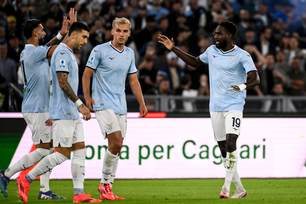 Boulaye Dia of SS Lazio (r) celebrates with team mates after scoring the goal of 1-0 during the Serie A football match between SS Lazio and Hellas Verona at Olimpico stadium in Rome (Italy), September 16, 2024. (Photo by Elianton/Mondadori Portfolio via Getty Images)