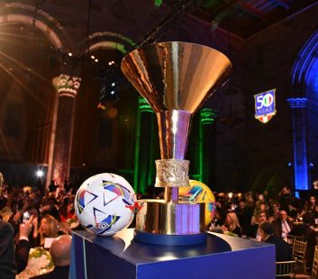 The Serie A trophy is shown off at a presentation in New York celebrating the NIAF's 50th anniversary