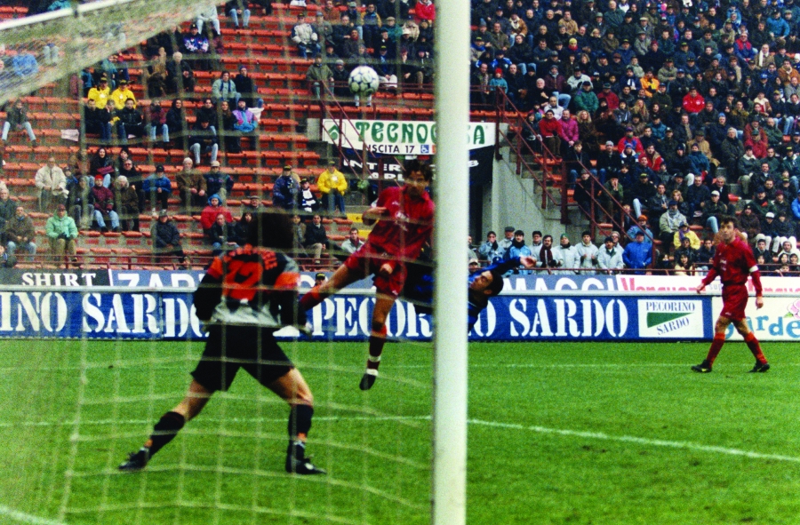 Youri Djorkaeff scores against Roma in a 3-1 win for Inter in 1997